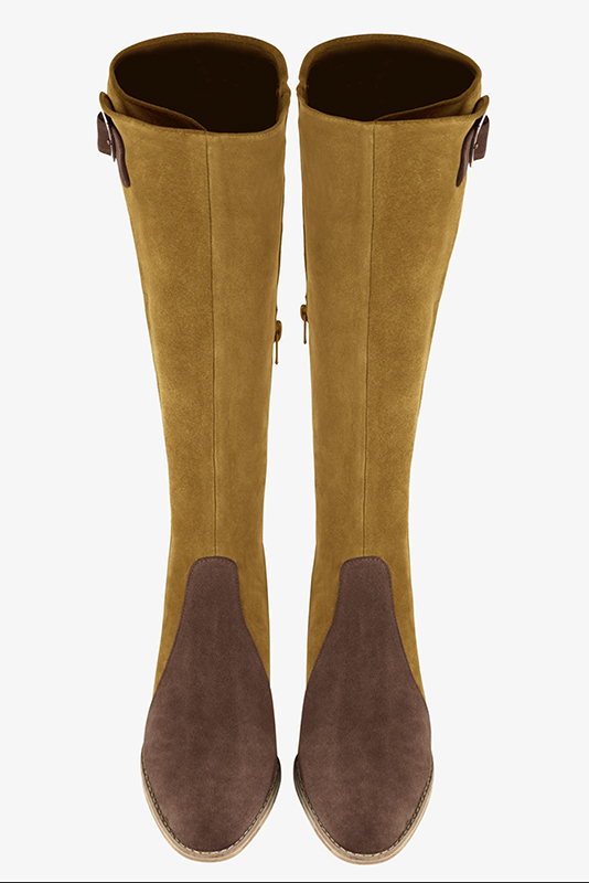 Chocolate brown and mustard yellow women's knee-high boots with buckles. Round toe. Low leather soles. Made to measure. Top view - Florence KOOIJMAN